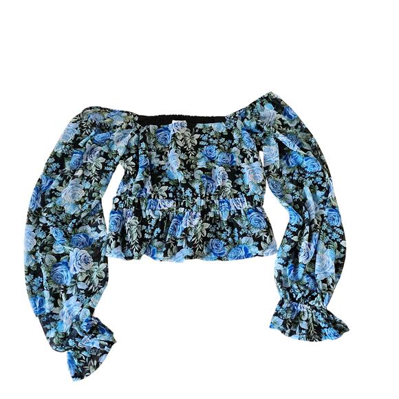 NWT WAYF Floral Square Neck Cut Out Back Smocked Back Peplum Crop Top Size Large - Picture 3 of 10